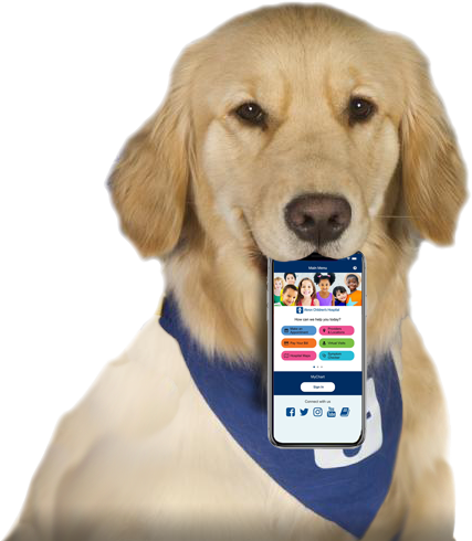 Dog Mascot holding Akron Children's Anywhere Mobile App